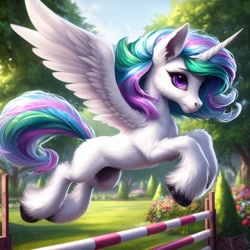 Size: 1024x1024 | Tagged: safe, imported from ponybooru, princess celestia, alicorn, pony, ai content, ai generated, bing, blank flank, coat markings, female, fluffy, mare, missing accessory, show jumping, solo, spread wings, unshorn fetlocks, wings