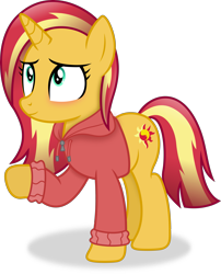 Size: 3165x3921 | Tagged: safe, artist:anime-equestria, imported from derpibooru, sunset shimmer, unicorn, alternate hairstyle, clothes, female, hoodie, horn, mare, simple background, smiling, solo, transparent background, vector