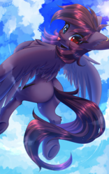 Size: 2000x3200 | Tagged: safe, artist:yuozka, imported from derpibooru, oc, oc only, oc:pestyskillengton, pegasus, pony, :p, butt, cute, female, flying, full body, happy, heterochromia, hooves, mare, pegasus oc, plot, sky, solo, tongue out, underhoof, wings