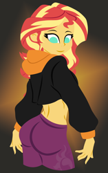 Size: 3452x5497 | Tagged: safe, artist:egor418, imported from derpibooru, sunset shimmer, human, equestria girls, ass, bunset shimmer, butt, clothes, cute, cutie mark, cutie mark on clothes, female, gradient background, hoodie, lineless, looking at you, looking back, orange background, pants, shimmerbetes, simple background, smiling, smiling at you, solo