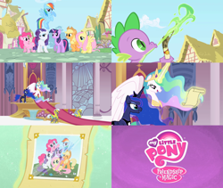 Size: 2000x1689 | Tagged: safe, imported from derpibooru, screencap, applejack, fluttershy, pinkie pie, princess celestia, princess luna, rainbow dash, rarity, spike, twilight sparkle, alicorn, unicorn, season 2, season 3, alternate scenario, canterlot throne room, female, intro, mane six, royal guard, royal sisters, siblings, sisters, theme song, unicorn twilight