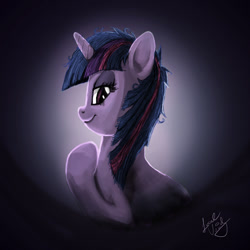 Size: 1024x1024 | Tagged: safe, artist:localvoid, imported from derpibooru, twilight sparkle, pony, unicorn, bust, female, hoof on chest, looking at you, looking back, looking back at you, mare, profile, smiling, solo, unicorn twilight