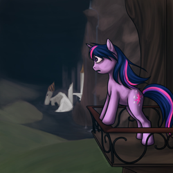 Size: 1024x1024 | Tagged: safe, artist:ksteinhoff, imported from derpibooru, twilight sparkle, pony, unicorn, bad end, bags under eyes, balcony, canterlot castle, female, leaning, mare, open mouth, ruins, sad, solo, unicorn twilight