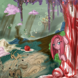 Size: 1024x1024 | Tagged: safe, artist:hnkkorgris, imported from derpibooru, pinkie pie, earth pony, fox, girabbit, pony, rabbit, animal, bad end, black sclera, broccoli, candy, candy cane, carrot, chaos, cherry, chocolate, chocolate rain, discorded landscape, female, flying vegetables, food, frosting, looking at you, mare, onion, pinkamena diane pie, rain, scenery, solo, stampede, tree, vegetables, volcano