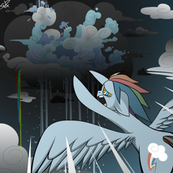 Size: 1045x1045 | Tagged: safe, artist:kelcasual, imported from derpibooru, rainbow dash, pegasus, pony, bad end, cloudsdale, female, floppy ears, flying, hypno eyes, hypnosis, kaa eyes, mare, open mouth, ruins, screaming, solo, speed lines