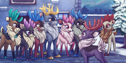 Size: 3600x1800 | Tagged: safe, artist:redahfuhrerking, imported from derpibooru, dancer (tfh), vixen (tfh), deer, reindeer, them's fightin' herds, blitzen (tfh), comet (tfh), community related, cupid (tfh), dasher (tfh), donner (tfh), female, male, outdoors, pine tree, prancer (tfh), snow, tree, winter