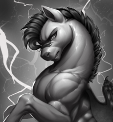 Size: 625x676 | Tagged: safe, imported from derpibooru, oc, oc only, oc:thunder run, pegasus, ai assisted, ai content, bust, lightning, male, monochrome, pegasus oc, prompter:ondrea, stallion, wings