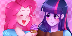 Size: 2560x1280 | Tagged: safe, artist:mra-13, imported from derpibooru, pinkie pie, twilight sparkle, human, equestria girls, book, checkered background, cupcake, eyes closed, female, food, open mouth, smiling