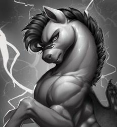 Size: 625x676 | Tagged: safe, artist:ondrea, imported from derpibooru, oc, oc only, oc:thunder run, bat pony, pony, ai assisted, ai content, angry, bat wings, black and white, bust, fangs, grayscale, lightning, male, mohawk, monochrome, muscles, portrait, rearing, render, scar, scowl, slit pupils, solo, solo focus, spread wings, stallion, stallion oc, wings