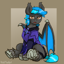 Size: 1445x1458 | Tagged: safe, artist:reddthebat, imported from derpibooru, oc, oc only, bat pony, pony, armor, bat pony oc, bat wings, eyebrows, eyebrows visible through hair, frog (hoof), lidded eyes, looking at you, night guard, passepartout, sitting, solo, underhoof, unshorn fetlocks, wings