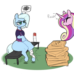 Size: 3173x3173 | Tagged: safe, artist:pantheracantus, imported from derpibooru, princess cadance, oc, oc:tracy cage, alicorn, earth pony, 4chan cup, hi anon, injured, meme, pizza box, simple background, that pony sure does love pizza, white background