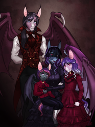 Size: 2550x3423 | Tagged: safe, artist:askbubblelee, imported from derpibooru, oc, oc only, oc:constantine morningstar, oc:indigo rose, oc:orpheus, anthro, bat pony, unguligrade anthro, anthro oc, bat pony oc, bat wings, clothes, colt, digital art, dress, family photo, female, filly, foal, male, mare, sitting, slit pupils, stallion, suit, veil, wings