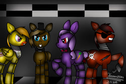 Size: 750x500 | Tagged: safe, artist:terezas474747, imported from derpibooru, pegasus, pony, animatronic, bonnie (fnaf), chica, crossover, evil grin, five nights at freddy's, grin, smiling