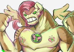 Size: 1169x827 | Tagged: safe, imported from derpibooru, fluttershy, pegasus, ben 10, humungousaur, muscles, solo, species swap