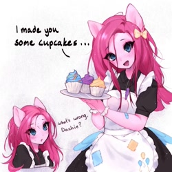 Size: 1079x1073 | Tagged: safe, artist:ivyuun, imported from derpibooru, pinkie pie, anthro, earth pony, :d, bow, clothes, confused, cuffs (clothes), cupcake, cutie mark, cutie mark on clothes, duo, female, food, hair bow, implied cupcakes, implied rainbow dash, maid, offscreen character, open mouth, open smile, pinkamena diane pie, smiling