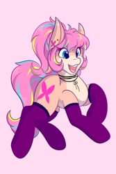 Size: 1366x2048 | Tagged: safe, artist:mscolorsplash, imported from derpibooru, oc, oc only, earth pony, pony, clothes, female, mare, open mouth, open smile, pale belly, pink background, simple background, smiling, socks, solo, stockings, thigh highs