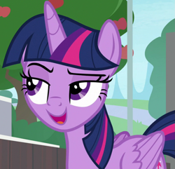 Size: 1037x1000 | Tagged: safe, imported from derpibooru, screencap, twilight sparkle, alicorn, pony, 2 4 6 greaaat, season 9, spoiler:s09, apple, apple tree, cropped, eyebrows, female, food, g4, lidded eyes, mare, open mouth, raised eyebrow, smug, smuglight sparkle, tree, twilight sparkle (alicorn)