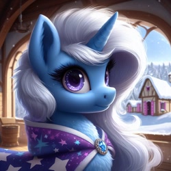 Size: 1024x1024 | Tagged: safe, imported from ponybooru, trixie, pony, unicorn, ai content, ai generated, bing, bust, cloak, clothes, ear fluff, ears, female, fluffy, hatless, jewelry, mare, missing accessory, neck fluff, ponyville, portrait, snow, solo, window