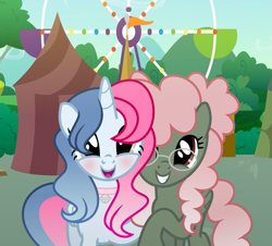 Size: 1585x1431 | Tagged: safe, artist:darbypop1, imported from derpibooru, oc, oc only, oc:melody everbelle, oc:pixie crystal, alicorn, pegasus, pony, unicorn, bell, bell collar, carnival, collar, cute, female, ferris wheel, glasses, mare, ocbetes, tent