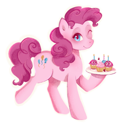 Size: 1024x1024 | Tagged: safe, artist:yuntaoxd, imported from derpibooru, pinkie pie, earth pony, pony, cupcake, food, one eye closed, simple background, solo, wink