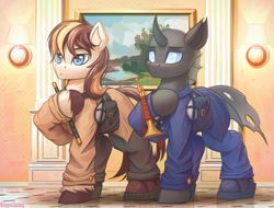 Size: 2840x2160 | Tagged: safe, artist:adagiostring, imported from derpibooru, oc, changeling, earth pony, pony, clothes, commission, couple, duo, group, male, my little pony, room, stallion, standing, uniform