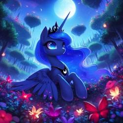 Size: 1024x1024 | Tagged: safe, imported from derpibooru, princess luna, alicorn, pony, ai content, ai generated, floating island, flower, full moon, g4, moon, solo