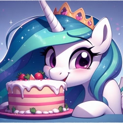 Size: 1024x1024 | Tagged: safe, imported from derpibooru, princess celestia, alicorn, pony, ai content, ai generated, blushing, cake, cakelestia, crown, cute, cutelestia, food, g4, generator:dall-e 3, jewelry, plate, prompter:k.r.e.d.k.e, regalia, solo, strawberry, that princess sure does love cake, weapons-grade cute