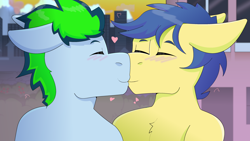 Size: 2800x1578 | Tagged: safe, artist:brushwork, imported from derpibooru, oc, oc:lucky spark, earth pony, pegasus, pony, duo, duo male, gay, heart, kiss on the lips, kissing, male, smooc