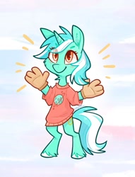 Size: 1211x1586 | Tagged: safe, artist:kazunekomori, imported from derpibooru, lyra heartstrings, pony, unicorn, bipedal, clothes, cute, female, gloves, hand, lyrabetes, mare, shirt, smiling, solo, t-shirt, that pony sure does love hands, that pony sure does love humans, unshorn fetlocks