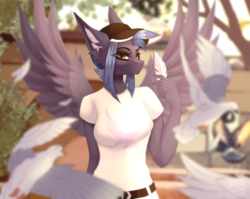 Size: 2708x2160 | Tagged: safe, artist:elektra-gertly, imported from derpibooru, oc, oc only, oc:pixi feather, anthro, bird, pegasus, pigeon, aesthetics, baseball cap, belt, black eyeshadow, breasts, cap, clothes, day, denim, ear fluff, eyeshadow, feather, hat, jeans, lidded eyes, looking at you, makeup, pants, park, pegasus oc, shirt, spread wings, summer, sunlight, t-shirt, wings, yellow eyes