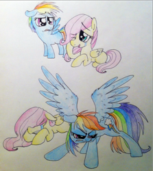 Size: 848x952 | Tagged: safe, artist:kluzart, imported from derpibooru, fluttershy, rainbow dash, pony, crying, female, filly, filly fluttershy, filly rainbow dash, friendshipping, protecting, spread wings, traditional art, wings, younger