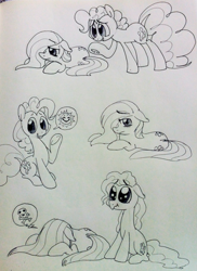 Size: 801x1103 | Tagged: safe, artist:kluzart, imported from derpibooru, fluttershy, pinkie pie, pony, monochrome, traditional art