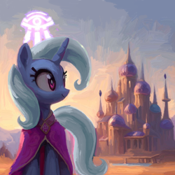 Size: 2000x2000 | Tagged: safe, artist:yidwags, imported from derpibooru, trixie, pony, unicorn, castle, city, clothes, crossover, dalaran, magician, painterly, painting, robe, scenery, solo, warcraft, world of warcraft