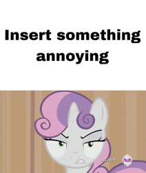 Size: 750x883 | Tagged: safe, artist:geononnyjenny, imported from derpibooru, sweetie belle, pony, unicorn, annoyed, episode needed, female, filly, foal, g4, hub logo, hubble, logo, looking at you, meme, meme template, solo, text, the hub