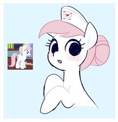 Size: 1001x1038 | Tagged: safe, artist:syrupyyy, imported from derpibooru, nurse redheart, earth pony, pony, a flurry of emotions, blue background, blushing, bust, female, g4, light blue background, looking at you, mare, open mouth, open smile, screencap reference, simple background, smiling, smiling at you, solo