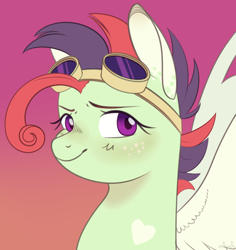 Size: 2248x2380 | Tagged: safe, artist:nikosh, imported from derpibooru, oc, oc only, oc:post haste, pegasus, blushing, bust, coat markings, colored wings, commissioner:dhs, ear markings, eyelashes, freckles, goggles, green coat, heart, heart mark, looking at you, portrait, purple eyes, simple background, solo, two toned mane, wings