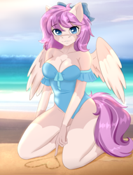 Size: 456x601 | Tagged: artist needed, safe, imported from derpibooru, oc, oc:chai leche, anthro, pegasus, beach, blue eyes, breasts, cleavage, cleavage marking, clothes, coat markings, colored wings, complex background, drawing, female, frilled swimsuit, kneeling, looking at you, mare, messy mane, pink mane, sand, smiling, swimsuit, two toned mane, two toned wings, wings