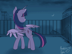 Size: 1200x900 | Tagged: safe, artist:hauntedtuba, imported from derpibooru, twilight sparkle, alicorn, pony, animated, butt, concave belly, crescent moon, female, gif, mare, moon, night, plot, rooftop, solo, spread wings, twilight sparkle (alicorn), windswept mane, wings
