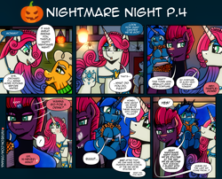 Size: 3508x2834 | Tagged: safe, artist:dsana, imported from derpibooru, fizzlepop berrytwist, princess amore, princess luna, tempest shadow, oc, oc:lullaby dusk, oc:orchard, oc:thistledown, earth pony, pegasus, pony, unicorn, comic:a storm's lullaby, bag, blushing, candy, clothes, costume, dialogue, family, female, filly, foal, food, heterochromia, mare, nightmare night, nightmare night costume, offscreen character, ponies riding ponies, riding, saddle bag, speech bubble
