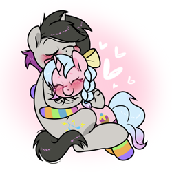 Size: 1200x1200 | Tagged: safe, artist:paperbagpony, imported from derpibooru, oc, oc:bass spark, blushing, bow, braid, clothes, female, hair bow, heart, hug, male, not cozy glow, socks, straight, striped socks