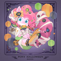 Size: 1024x1032 | Tagged: safe, artist:koyii-kong, imported from derpibooru, pinkie pie, earth pony, pony, balloon, clothes, costume, female, grin, halloween, halloween costume, holiday, looking at you, mare, smiling, smiling at you, solo, watermark