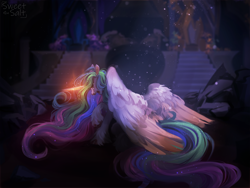 Size: 4000x3000 | Tagged: safe, artist:sweettsa1t, imported from derpibooru, princess celestia, alicorn, pony, absurd resolution, castle of the royal pony sisters, crepuscular rays, crying, digital art, ethereal mane, ethereal tail, eyes closed, feather, female, folded wings, g4, glowing, glowing horn, high res, horn, magic, mare, moonlight, open mouth, rock, ruins, sad, sitting, solo, stairs, starry mane, starry tail, tail, teeth, throne, throne room, unshorn fetlocks, wings