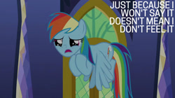 Size: 2000x1123 | Tagged: safe, edit, edited screencap, editor:quoterific, imported from derpibooru, screencap, rainbow dash, the last problem, sad, solo, twilight's castle