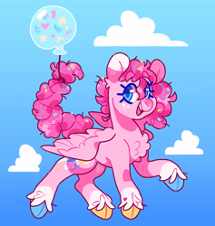 Size: 3500x3685 | Tagged: safe, artist:cocopudu, imported from derpibooru, pinkie pie, pegasus, pony, balloon, chest fluff, cloven hooves, female, freckles, hooves, looking at you, mare, multicolored hooves, open mouth, open smile, pegasus pinkie pie, race swap, sky background, smiling, smiling at you, solo