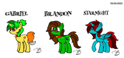 Size: 1520x720 | Tagged: safe, imported from derpibooru, oc, oc only, oc:brandon, oc:gabriel, oc:starnight, alicorn, pegasus, pony, unicorn, alicorn oc, bell, bell collar, collar, glasses, horn, jewelry, male, pegasus oc, regalia, signature, simple background, stallion, unicorn oc, white background, wings