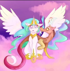 Size: 712x722 | Tagged: safe, artist:holdbackthenight, imported from derpibooru, discord, princess celestia, cloud, crown, digital art, female, jewelry, male, pink background, regalia, ship:dislestia, shipping, simple background, spread wings, straight, sunset, surprised, wingboner, wings