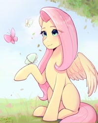 Size: 1726x2168 | Tagged: safe, artist:xiaowu07, imported from derpibooru, fluttershy, butterfly, pegasus, pony, cute, female, g4, mare, sitting, smiling, solo