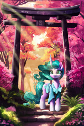 Size: 3600x5400 | Tagged: safe, artist:allegrenix, imported from derpibooru, mistmane, pony, unicorn, clothes, crepuscular rays, curved horn, forest, horn, nature, scenery, solo, torii, tree