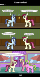 Size: 1920x3688 | Tagged: safe, artist:platinumdrop, imported from derpibooru, daisy, flower wishes, lily, lily valley, roseluck, oc, oc:spiral swirl, earth pony, pony, unicorn, comic:rose-notized, 3 panel comic, comic, commission, dialogue, duo, female, hypnosis, magic, mare, speech bubble, telekinesis, trio, watch