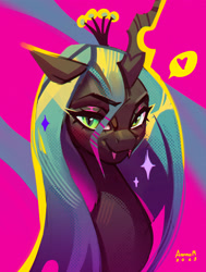 Size: 2221x2936 | Tagged: safe, artist:annna markarova, imported from derpibooru, changeling, bust, fangs, hair over one eye, heart, lidded eyes, looking at you, portrait, simple background, smiling, solo, sparkles